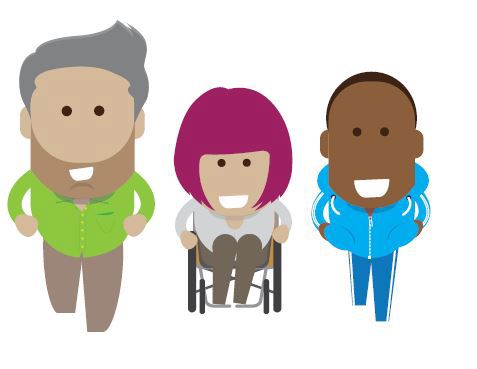 3 cartoon people, one is in a wheelchair