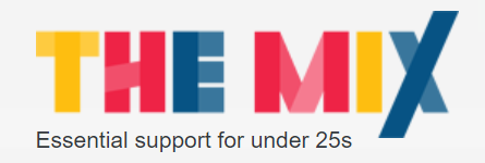 Text says The Mix essential support for under 25's.  Lettering in yellow, red and blue