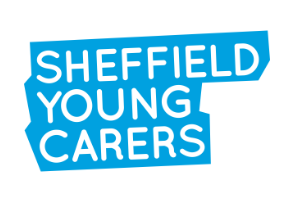 Blue background with text in white that says Sheffield Young Carers