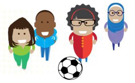 4 cartoon people with a football